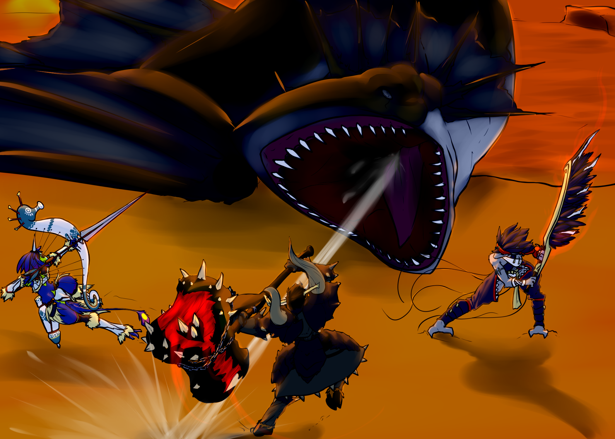 Dasaki, Tarma and Deimos battling a large Plesioth