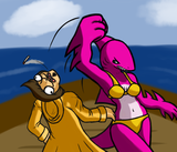 (neon pink) sharkgirl punching out a poacher